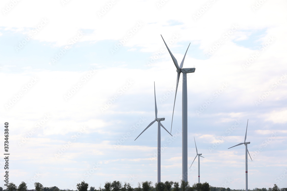 Beautiful view of field with wind turbines. Alternative energy source Beautiful view of field with wind turbines. Alternative energy source