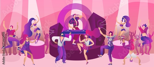 Night club dance party, vector illustration. Disco music for man woman people character at cartoon nightclub concept. Happy nightlife event background, young flat girl boy have fun design.
