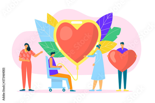 Blood donation, medicine help for hospital concept vector illustration. Donor aid clinic, charity transfusion to huge heart symbol. Volunteer care about medical health, human life by donate design.