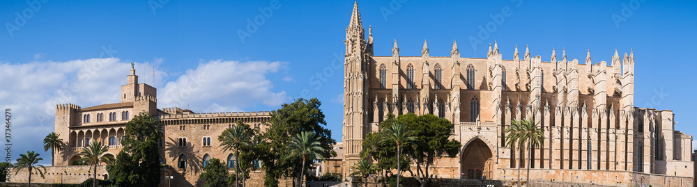 super wide angle landscape view of the cathedral of Palma de Mallorca, Spain
