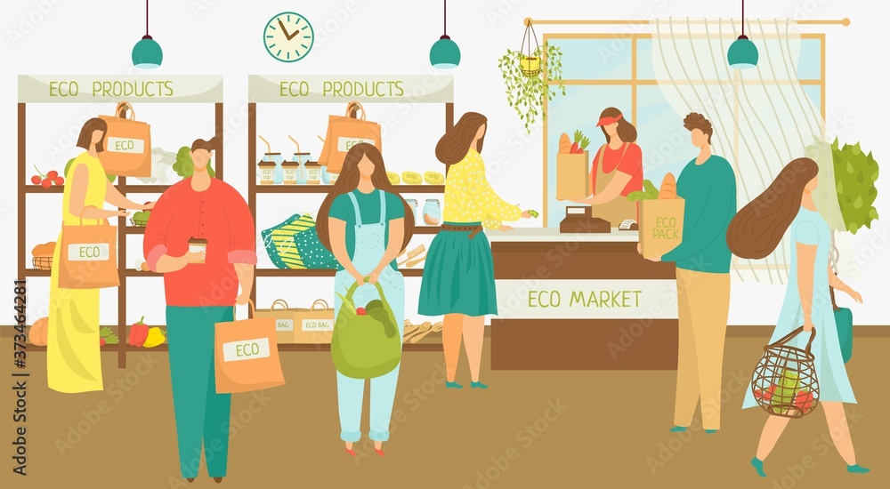 Eco cartoon market for people buy organic flat food, vegetable vector illustration. Woman man character in store, buyer in retail supermarket.Shopping sale in grocery, customer choose natural fruit.