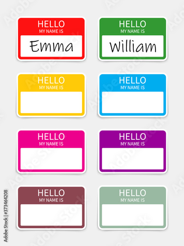 Name badge. Tag of hello. Sticker or card with my nametag. Label with hi. Paper card for identification teacher, speaker on meet and corporate. Template for registration on conference. Vector
