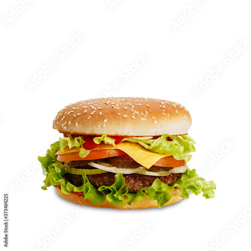 Classic hamburger with petty, cucumber, onion, tomatoes, cheese and lettuce