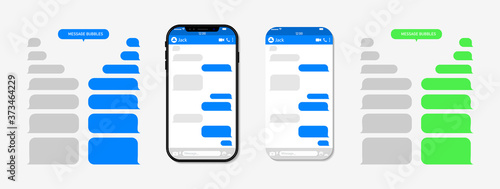 Chat with message on phone screen. Bubble for text in messenger for chatbot. Conversation with help app. Sms with social ui in cellphone. Template of balloons for talk on mobile. Speech frame. Vector