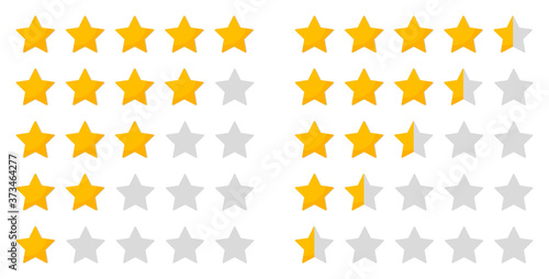 Star rating. Five icon for review and rate. 5 whole stars and 5 half of stars for evaluation. Ranking of quality, hotel. Service for customer. Gold symbols in row for vote on white background. Vector