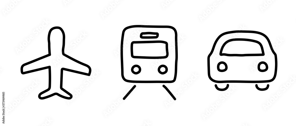 手書きの飛行機、車、電車のアイコンのセット/乗り物/交通機関/シルエット/ビジネス 手書きの飛行機、車、電車のアイコンのセット/乗り物/交通機関/シルエット/ビジネス