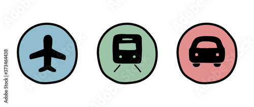手書きの飛行機、車、電車のアイコンのセット／乗り物／交通機関／シルエット／ビジネス