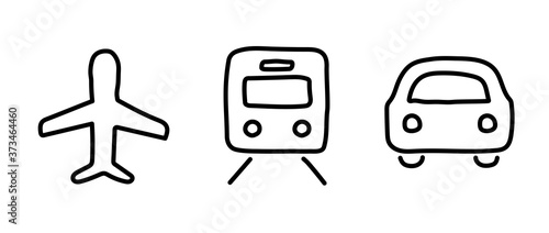 手書きの飛行機、車、電車のアイコンのセット／乗り物／交通機関／シルエット／ビジネス