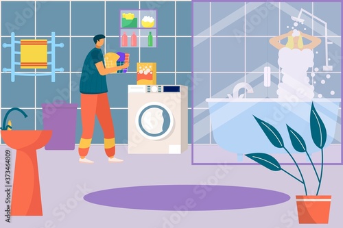 Family in home bathroom, vector illustration. Cartoon woman man character care about hygiene. Female girl person take shower, man load washing machine, female male morning together.