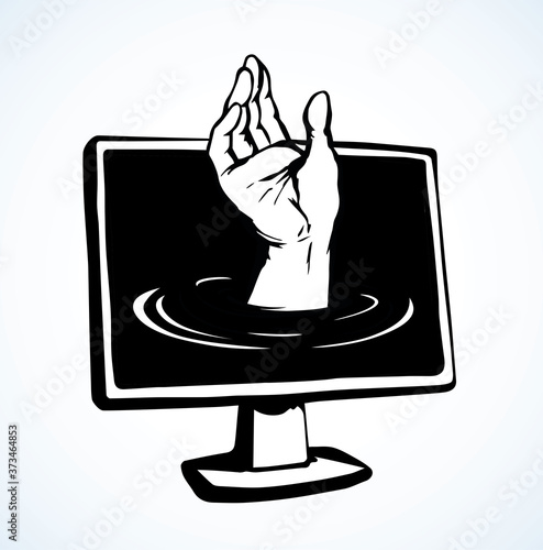 Computer virus. Hand out of the screen. Vector drawing