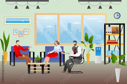Mental couple problem, woman man at psychologist office vector illustration. Family talking at therapy consultation. Wife husband look for flat psychotherapy help, therapist doctor advice. © creativeteam