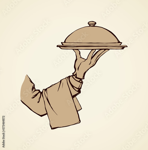 Hand of waiter with dish. Vector drawing