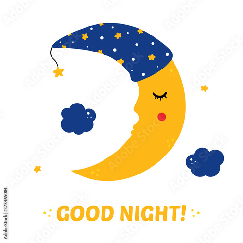 Cute cartoon style vector Good Night illustration, card with sleeping moon character in nightcap with clouds and stars. Kids, children illustration.