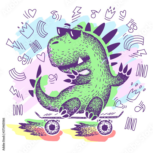 Cute dinosaur with glasses. dinosaur rides on a skate. Cartoon Animal vector illustration for print. cool skater dino character. Skateboard drawing.
