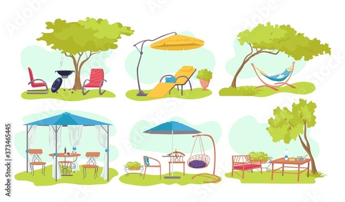 Garden outdoor wood furniture set, vector illustration. Summer home design at nature background, flat umbrella, chair at house backyard. Green picnic patio table, bench, plant modern landscape.