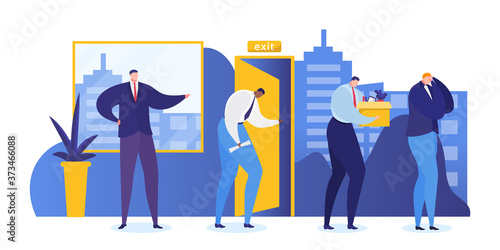 Job loss people vector illustration. Boss dismissed sad man work, crisis professional career manager, stress, depression. Unhappy person fired, sadness, carry box. Employee leaving office.