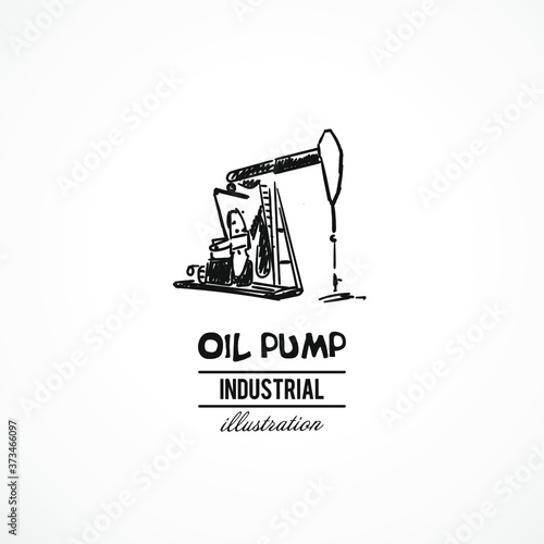 Hand drawn oil pump, industrial equipment. Vector illustration. Sketch.