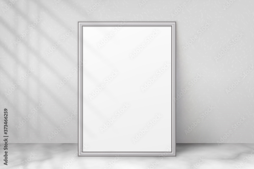 Mockup poster in frame with shadow blinds from window. Mock up framed sheet paper. White empty blank. Vertical mockup picture a4. Shade from window light. Realistic reflected shadow on wall. Vector Mockup poster in frame with shadow blinds from window. Mock up framed sheet paper. White empty blank. Vertical mockup picture a4. Shade from window light. Realistic reflected shadow on wall. Vector