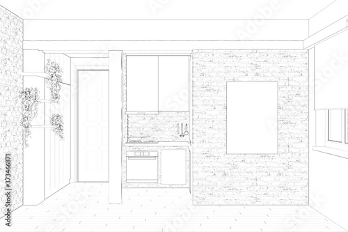 Sketch of the interior of a room with beams and a column, with a vertical poster on a brick wall, with a tiled floor, with plants on shelves. There is the kitchen in the background. 3d render