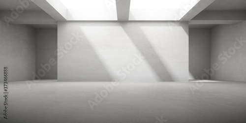 3D render of empty concrete room with shadow on the wall.