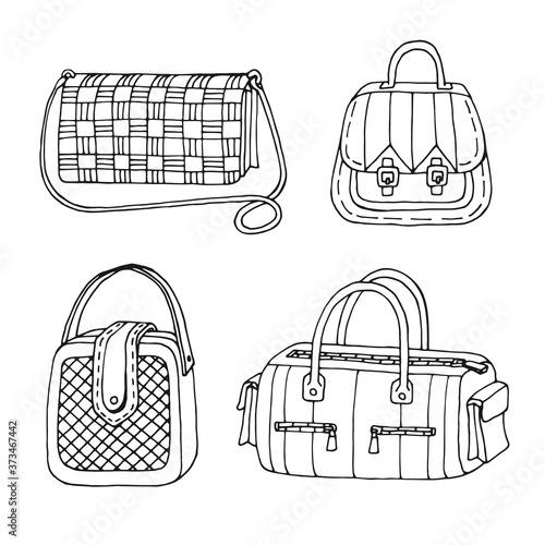 Black and white outline women's handbags set. Various design fashion bags. A female bag, handbag collection. A vector cartoon contour drawing illustration isolated on white background.
