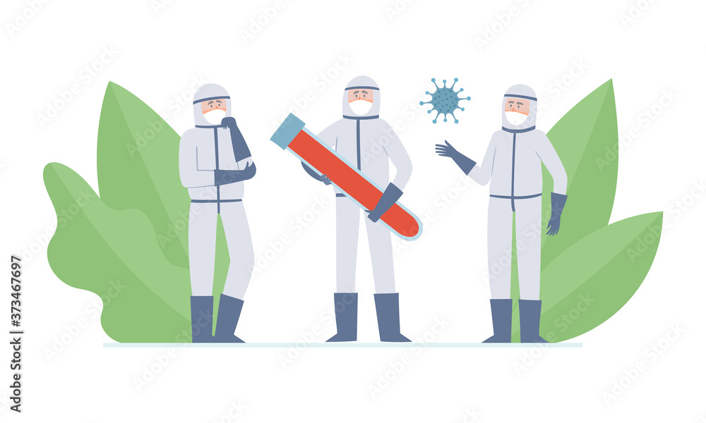 Vector illustration of doctors - scientists, coronavuris and tube with blood