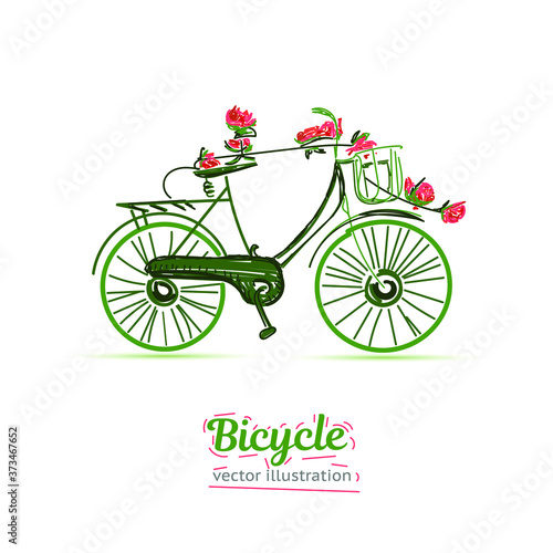Hand drawn sketch illustration of bicycle. Vector bike illustration with roses.