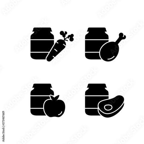 Silhouette set of food preservation. Glass jar with different types of baby food. Outline icon of fruit, vegetable, meat puree or mash. Flat isolated vector on white background. Canned or tinned goods