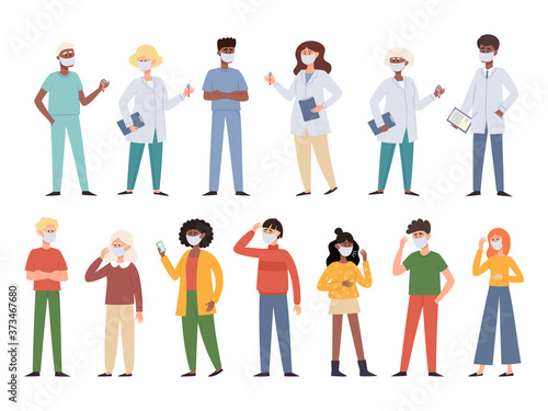 Vector illustration of people and doctors in protective face masks