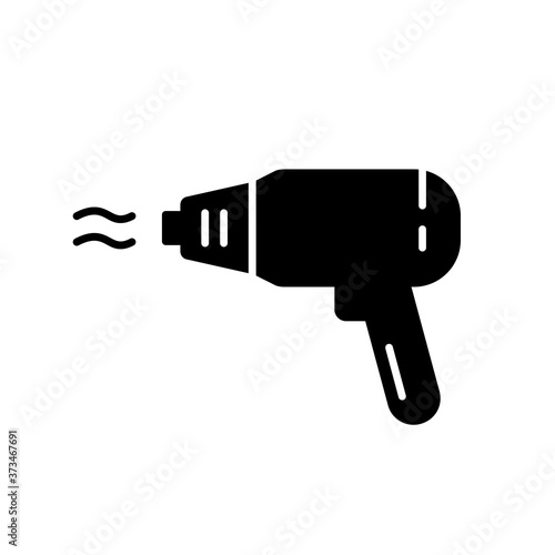 Silhouette icon of Building hairdryer. Outline emblem of electric heat gun with hot air. Black illustration of professional repair tool. Flat isolated vector pictogram, white background