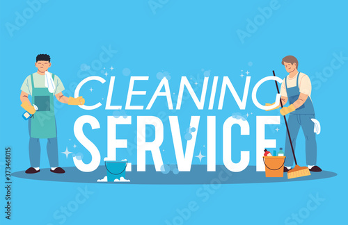 young men working in cleaning service technical