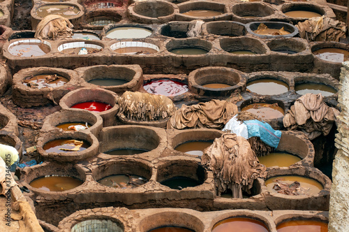 Dye vats of tannery in the medina, Fes, Morocco