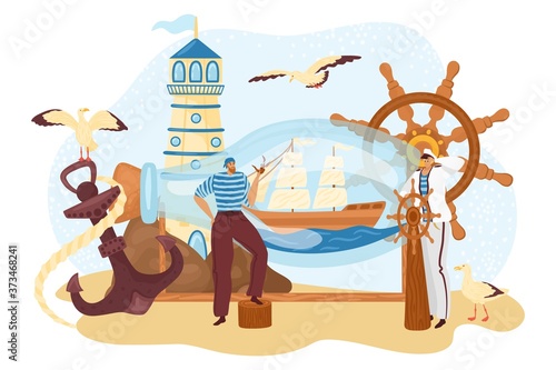 Sea sailor people, seaman near bottle ship, marine cruise captain travel at b...