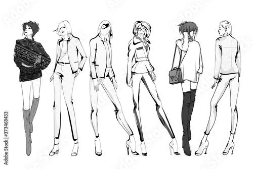 Beautiful young women in modern style.. Hand drawn stylish woman portrait. Fashion lady. Festive outfit. Sketch. Fashion model posing in dress. Hand drawn fashion woman.