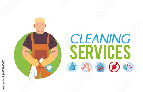 young man with apron and gloves for washing and cleaning