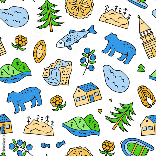 Seamless pattern with doodle colored Karelia icons including lake, waterfall, rocks, bell tower of Kizhi, pine, pie, boat, cranberry, cloudberry, trout fish, bear.