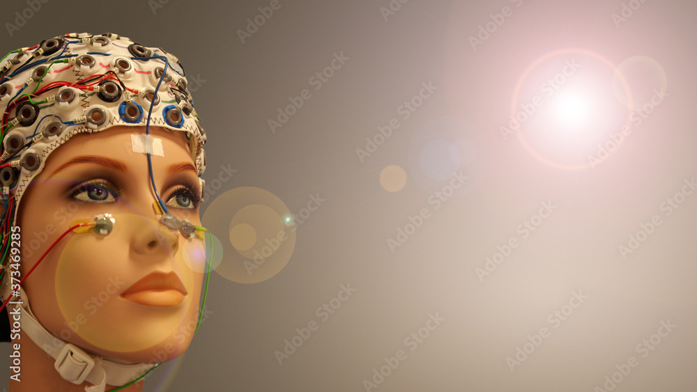 Face of beautiful woman manikin with a EEG hat under experimental recording of brain activity at smooth background with lens flare effect, details, concept