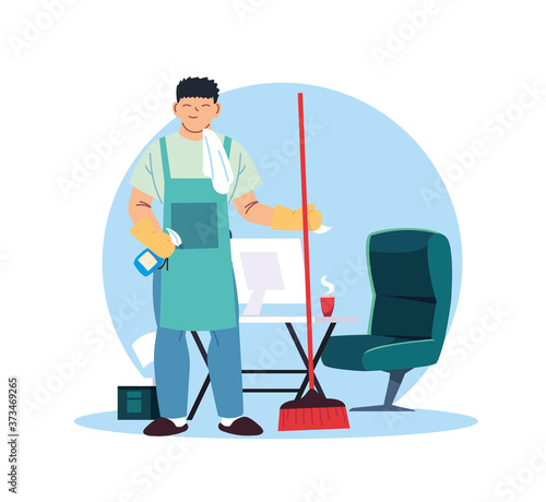 young man working in cleaning service at home