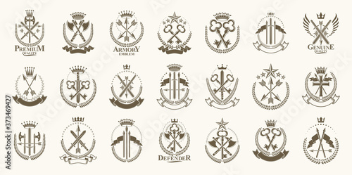 Vintage weapon vector logos or emblems, heraldic design elements big set, classic style heraldry military war armory symbols, antique knives compositions.
