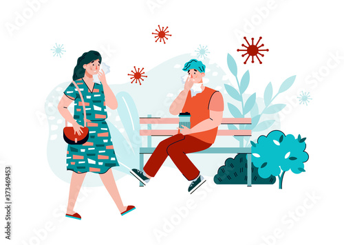 People surrounded with viral bacteria in public place, flat cartoon vector illustration. Spread of virus and infectious diseases and epidemic prevention.