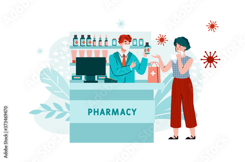 An outbreak of the coronavirus infection epidemic. A masked pharmacist sells flu medicine to a sick girl. Flat vector illustration isolated on a white background