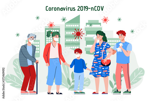 Outbreak or epidemic of a coronavirus infection in city. People with flu or medical masks in front of skyscrapers. Banner with inscription Coronavirus 2019-nCOV. Vector flat illustration