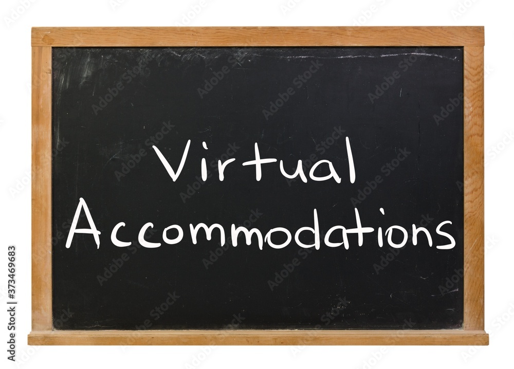 Fototapeta premium Virtual Accommodations written in white chalk on a black chalkboard isolated on white
