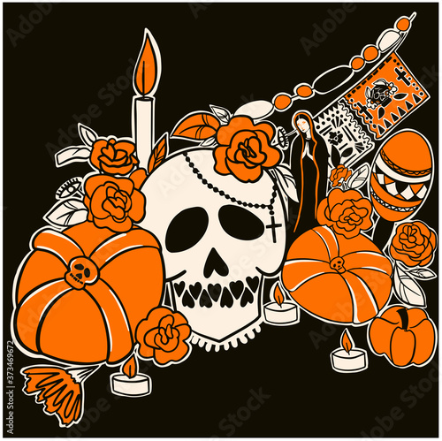 Mexican altar for day of the dead, marigold flowers, candles, sweet edible skulls. traditional tamale and pan de muertos sweet bread. Halloween, Day of the dead. Dia de los muertos. Vector. Doodle 