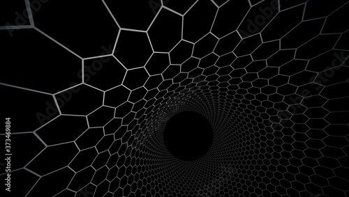 Technology vector abstract background with hexagons mesh, 3D abstraction of nanotechnology and science, electronics and digital style, wire net dimensional perspective.