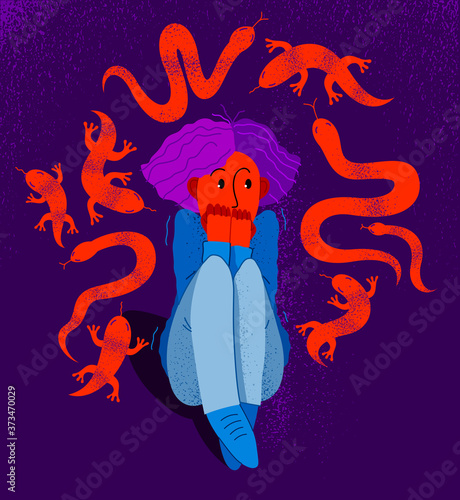 Herpetophobia fear of reptiles snakes and lizards vector illustration, girl surrounded by imaginary reptiles in panic attack and fear, mental health concept. photo