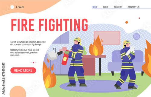 Fire fighting services and forces website page template with firefighters extinguish fire in house, flat cartoon vector illustration. Landing page for fighter and rescue.