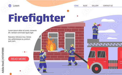 Firefighters extinguish a burning house. A uniformed fire brigade rescues pets and uses water from a hose to extinguish the fire. Vector flat illustration. Landing page template