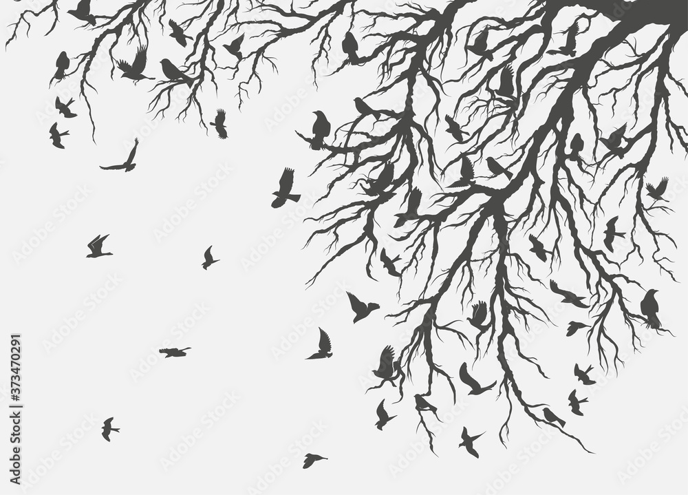 figure flock of flying birds on tree branch figure flock of flying birds on tree branch