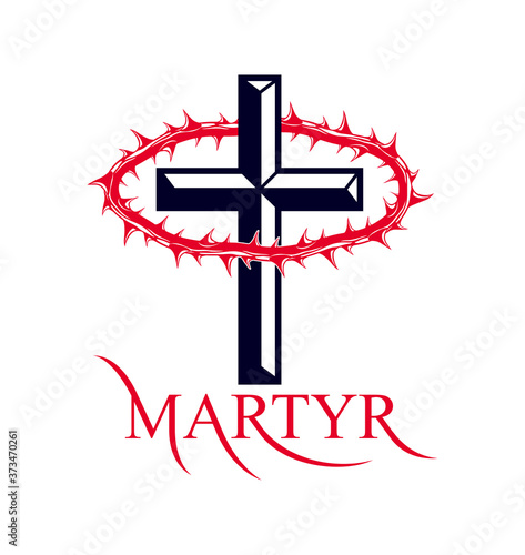 Martyr vector concept logo or sign, Christian religion and faith saint person, martyrdom blackthorn thorn wreath crown, Jesus Christ, suffering pain.